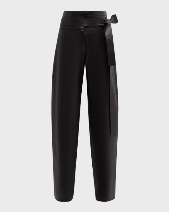Belted Leather Straight-Leg Trousers