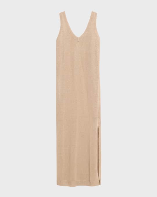 Linen Silk Diamante Knit Column Dress with Monili Detail