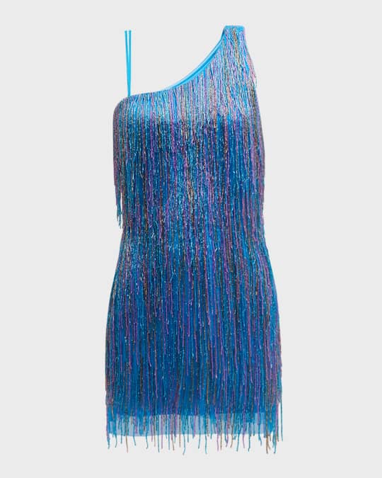 One-Shoulder Beaded Fringe Mini Dress