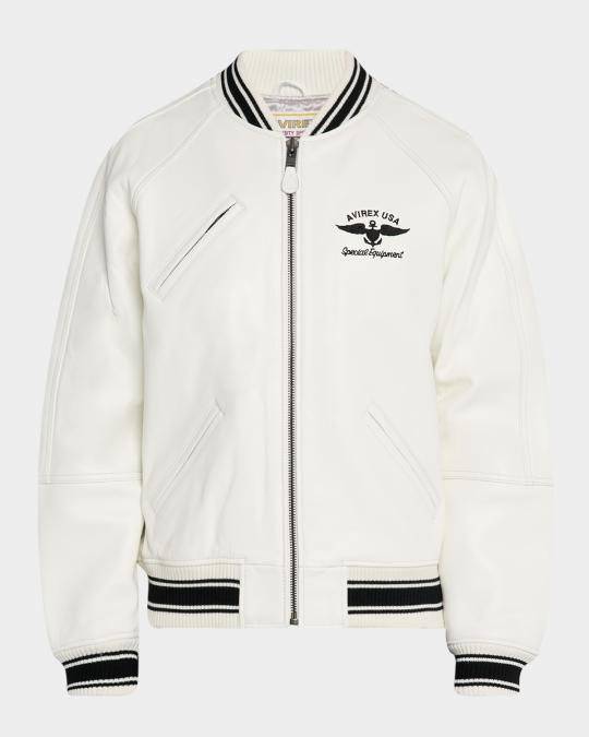 AVIREX スタジャン ホワイト AVIREX Men's Stadium Embroidered Leather Varsity Jacket | Neiman