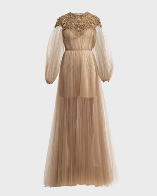 Valentino Garavani Crystal Embroidered Lace Long-Sleeve Pleated Tulle Gown  | Neiman Marcus