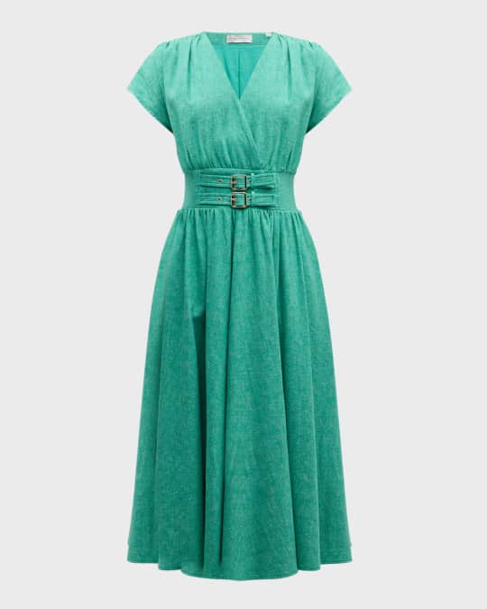 navy blue dress for baby girl Elie Tahari The Romina Buckle-Embellished A-Line Midi Dress