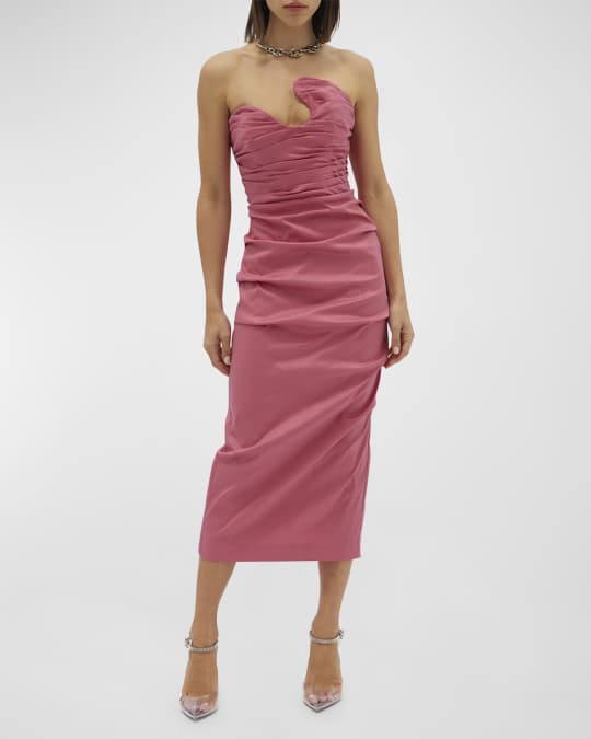 Rachel Gilbert Cheri Sculpture Strapless Draped Midi Dress | Neiman Marcus