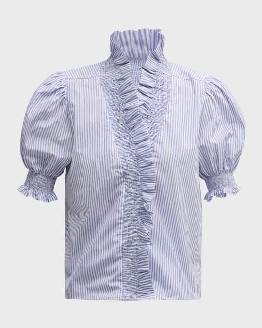 Cici Smocked Striped Ruffle Shirt