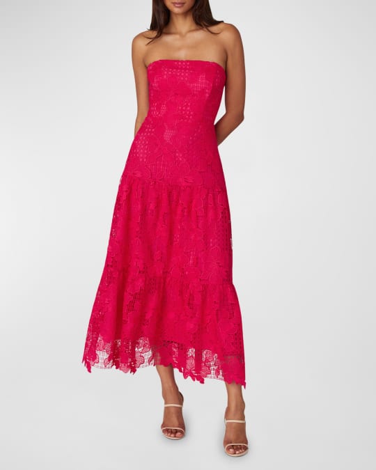 Shoshanna Strapless Tiered Floral Lace Midi Dress | Neiman Marcus