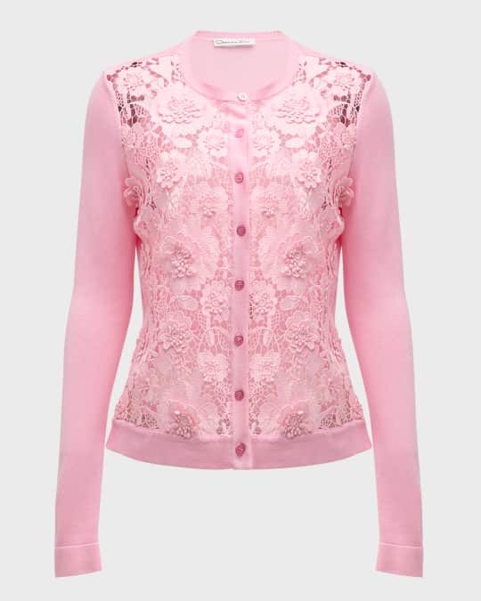 Oscar de la Renta Lace-Front Crewneck Cardigan Neiman Marcus