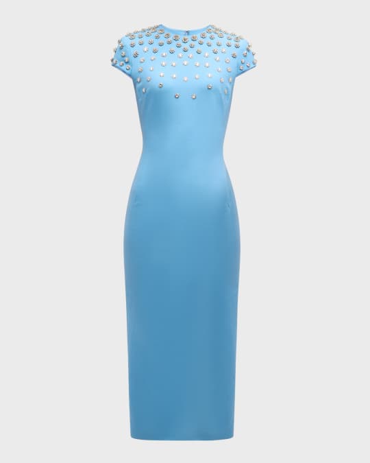 Crystal Embroidered Cap-Sleeve Midi Dress