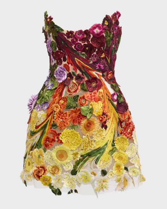 Oscar de la Renta Strapless Floral Embroidered Mini Dress Neiman