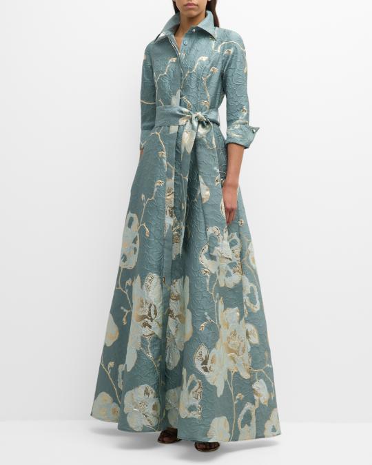 teri jon by rickie freeman metallic jacquard shirt dress gown Teri Jon Emerald Jacquard Shirtdress Blush Gown with Print Size 16