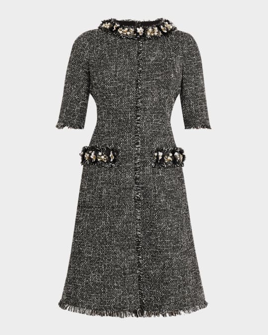 Bead & Pearl-Embellished Tweed Midi Dress