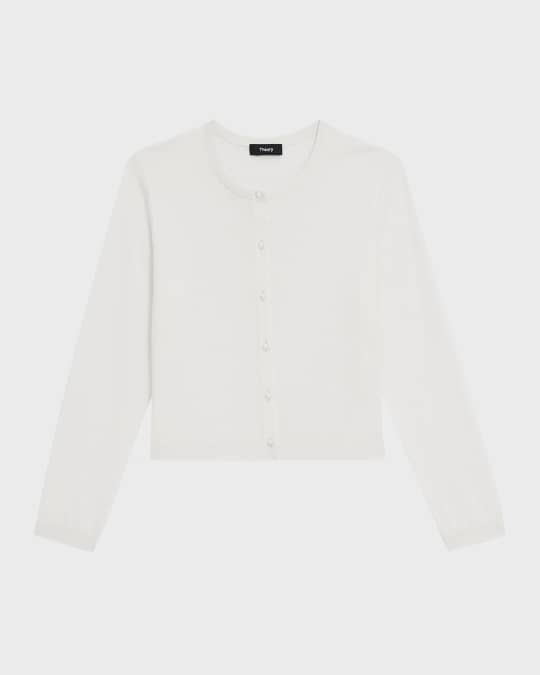 Theory Faux-Pearl Button Cropped Wool Cardigan | Neiman Marcus