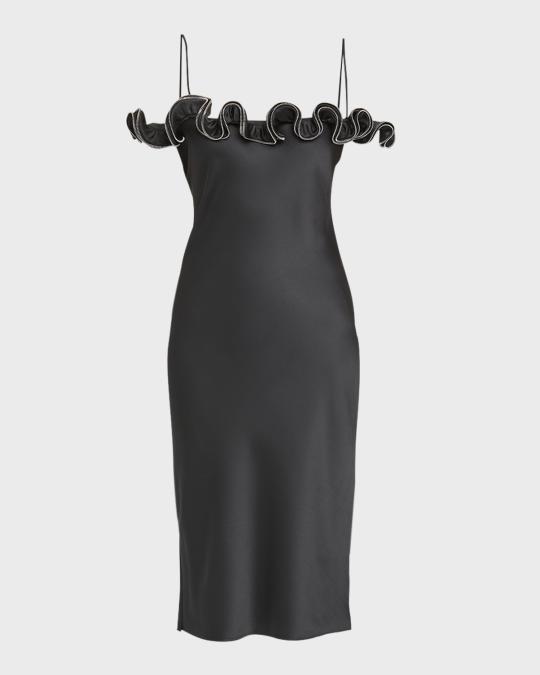 Coperni Zip Ruffle Off-The-Shoulder Satin Midi Slip Dress | Neiman Marcus