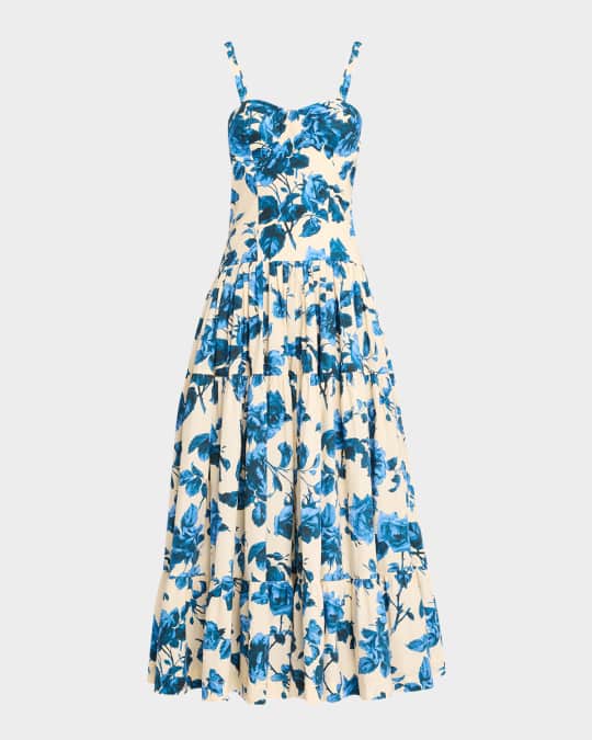Santiago Bustier Tiered Floral Poplin Midi Dress