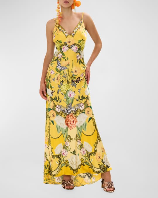 Floral Silk Long Bias Slip Dress with Train