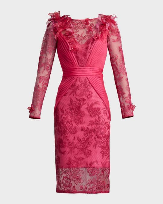 Tadashi Shoji Pleated Floral Embroidered Illusion Midi Dress Neiman Marcus