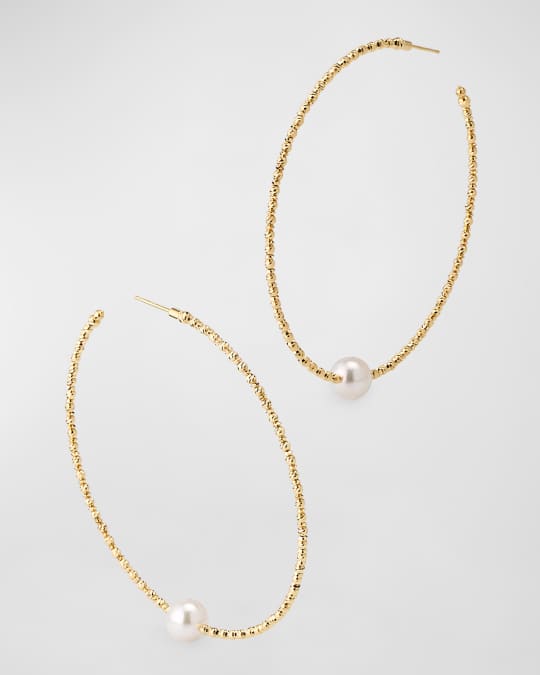 18K Yellow Gold Large Akoya Pearl Hoop Earrings