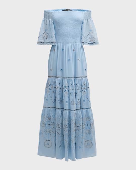 fitted lace wedding dress Adelle Frill Off Shoulder Smocked Maxi Dress In Floral main image 0