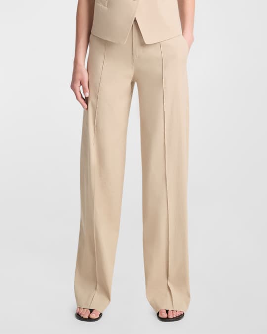 Stretch Linen High-Waist Pintuck Wide-Leg Pants