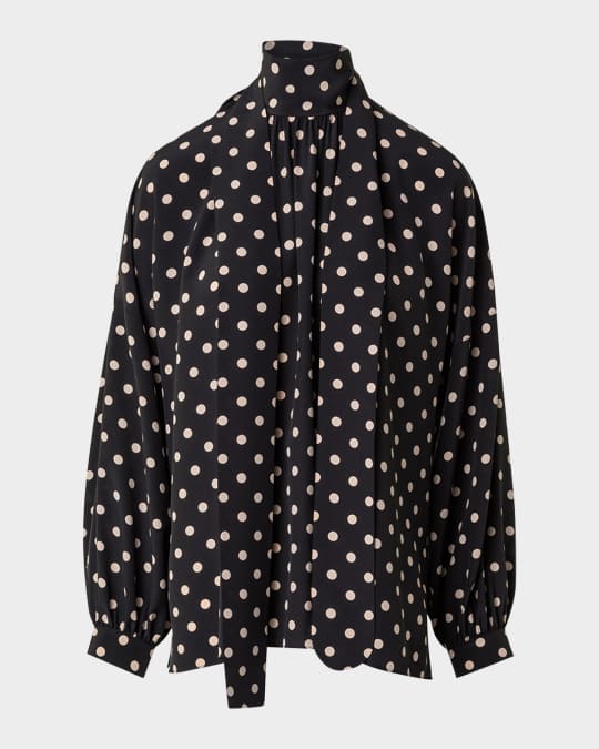 Crepe De Chine Dot Print Blouse with Tie Neck