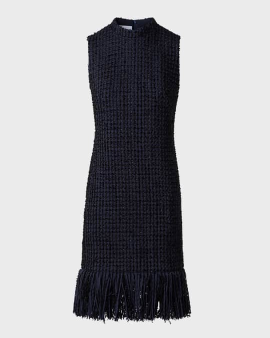 Chunky Tweed Sheath Dress with Fringed Hem