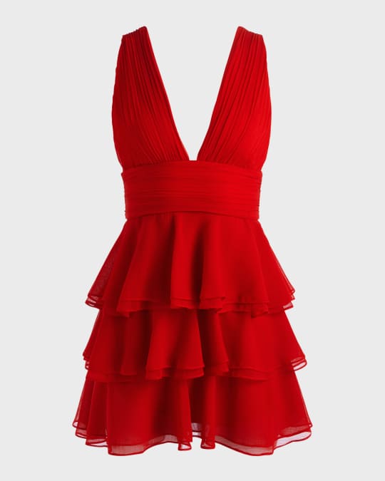 alice and olivia red ruffle dress ERNA MOCK NECK CAPE SLEEVE MINI DRESS in PERFECT RUBY