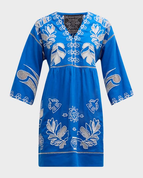 Johnny Was Barbara Embroidered Linen-Cotton Mini Dress | Neiman Marcus