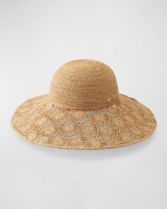 Helen Kaminski Floral Crocheted Raffia Wide Brim Hat 