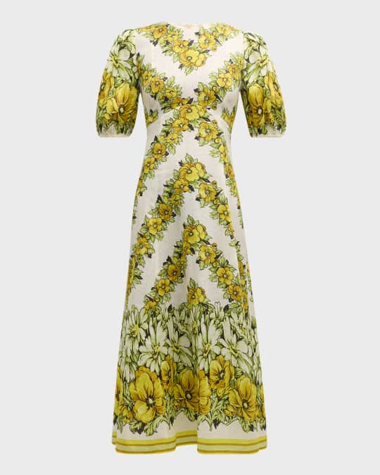ALEMAIS Gisela Balloon-Sleeve Floral Linen A-Line Midi Dress | Neiman Marcus