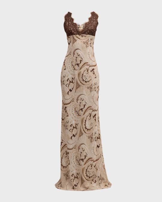 L'Agence Paisley-Printed Susanna Lace Bodice Slip Dress | Neiman Marcus