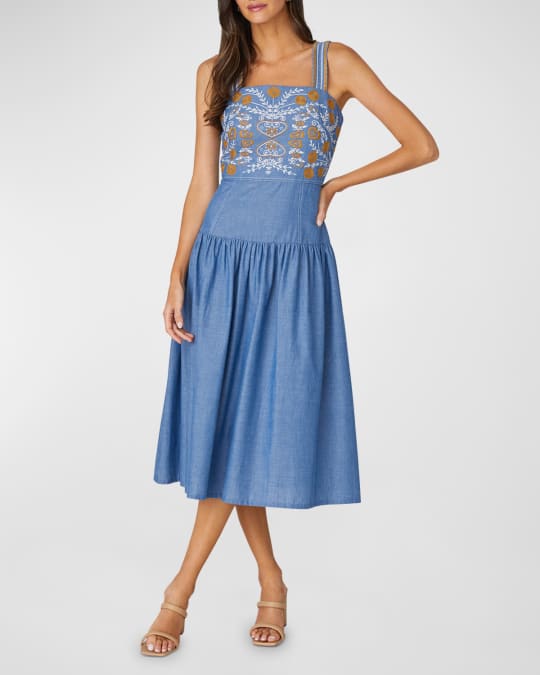 Shoshanna Greta Embroidered Knee-Length Dress | Neiman Marcus