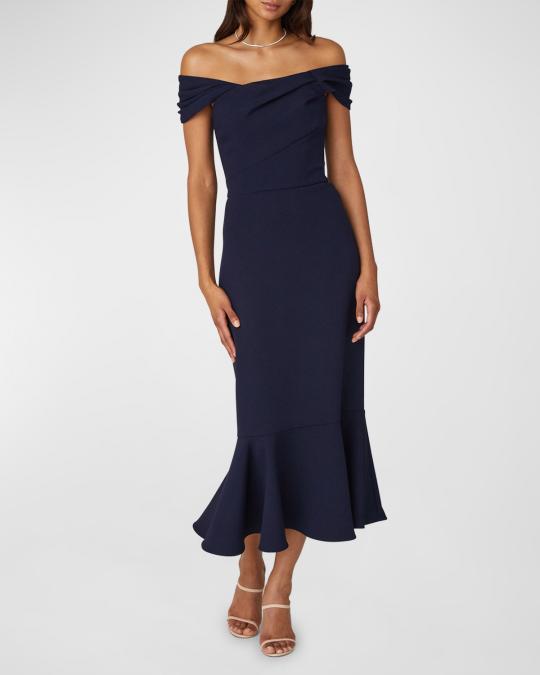 shoshanna off-shoulder stretch crepe midi dress Women's Shoshanna Midi Dresses