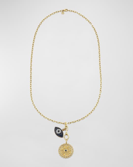 14K Gold, Sapphire, and Diamond Dialed In Puffy Evil Eye and Icon Wheel Coin Necklace