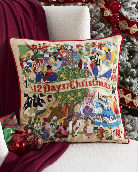12 Days of Christmas Hand Embroidered Pillow 22 Square