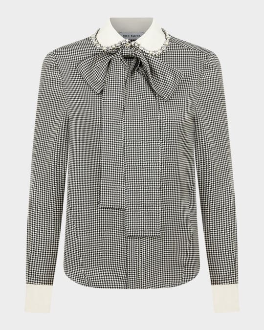 Houndstooth Print Blouse with Tie Neckline