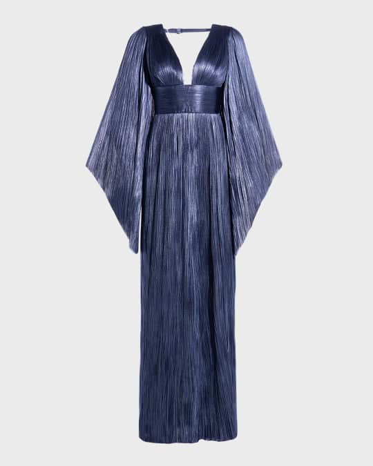 Maria Lucia Hohan Harlow Plunging Long-Sleeve Laced Backless Metallic Plisse  Gown | Neiman Marcus