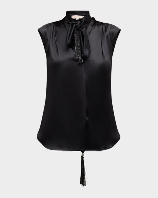 Fringe-Back Neck-Tie Silk Top