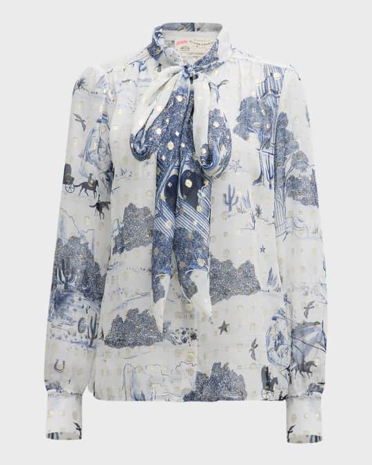 Neck-Tie Western Print Silk Blouse