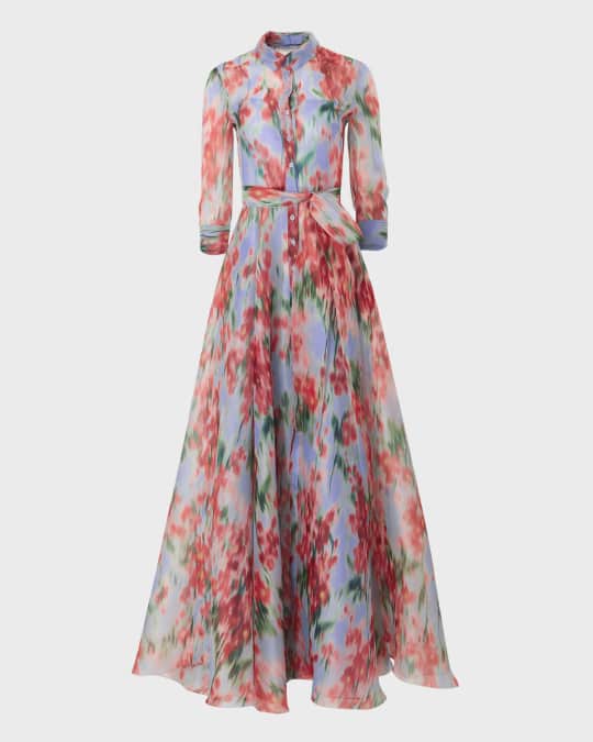 Carolina Herrera Watercolor Floral Belted Silk Trench Gown | Neiman Marcus