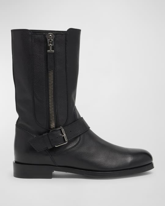 Leather Buckle Zip Biker Boots