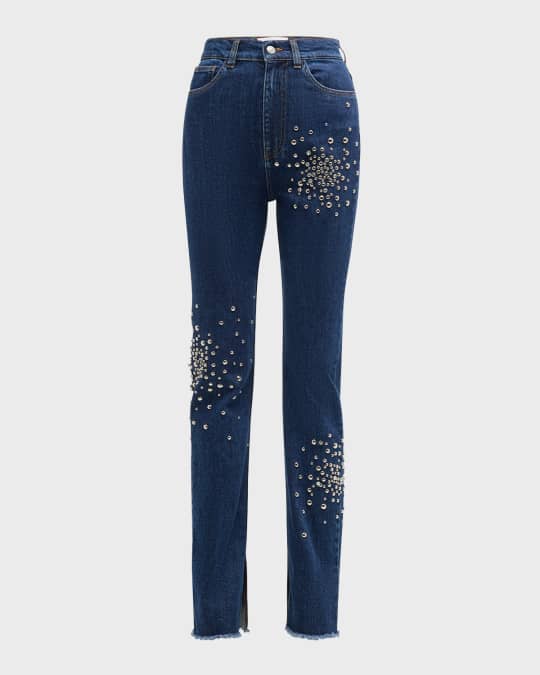 Embellished Skinny Side-Slit Jeans