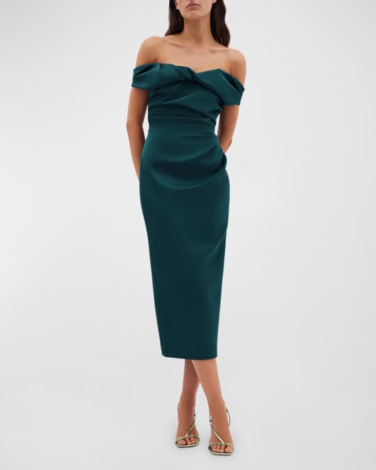 Rachel Gilbert Daria Twisted Draped Off-The-Shoulder Midi Dress | Neiman  Marcus