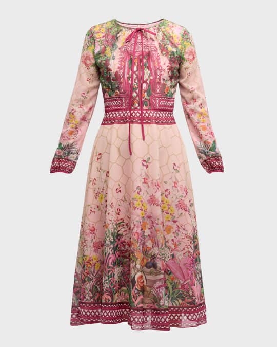 Mary Katrantzou Garland Floral-Print Long-Sleeve Midi Dress | Neiman Marcus