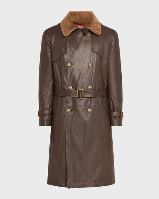 Brunello Cucinelli Men's Leather Shearling-Collar Trench