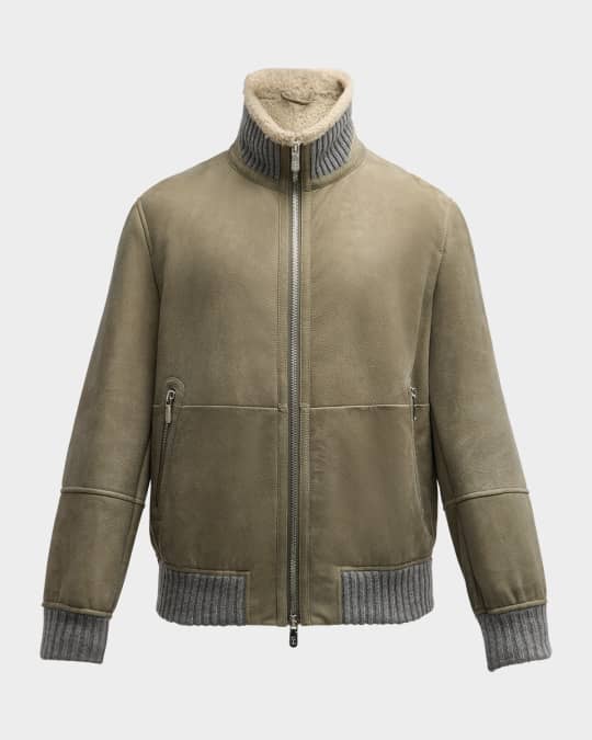 Men's Shearling-Lined Suede Full-Zip Bomber Jacket