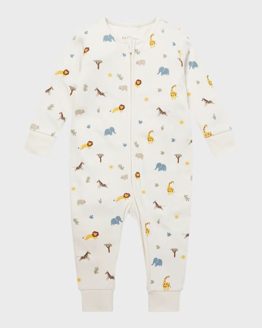 Kid's Safari-Print Zip Up Playsuit, Size 9M-24M