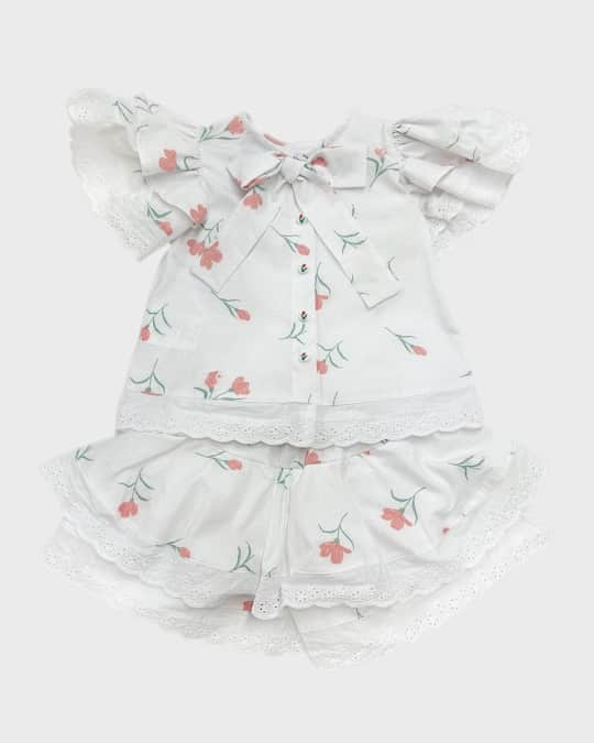 Girl's Lace Embroidered Tulip-Print Top & Shorts Set, Size 3M-8