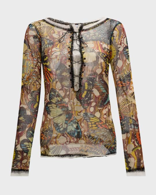 Jean Paul Gaultier Butterfly Mesh Lace-Up Top | Neiman Marcus