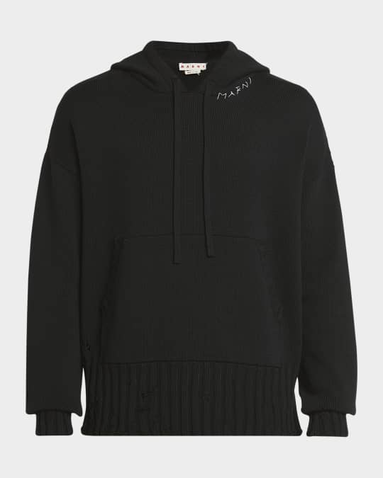 Marni Men's Distressed Knit Logo Hoodie | Neiman Marcus