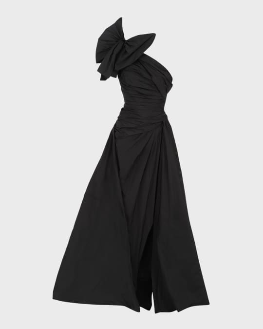 Elie Saab Bow One-Shoulder Draped Taffeta Slit Gown | Neiman Marcus