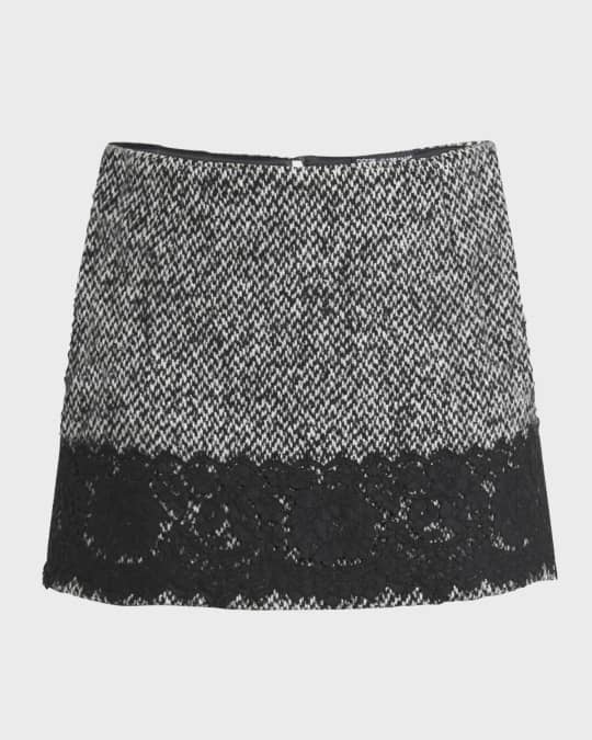 Tweed Wool Mini Skirt with Lace Trim